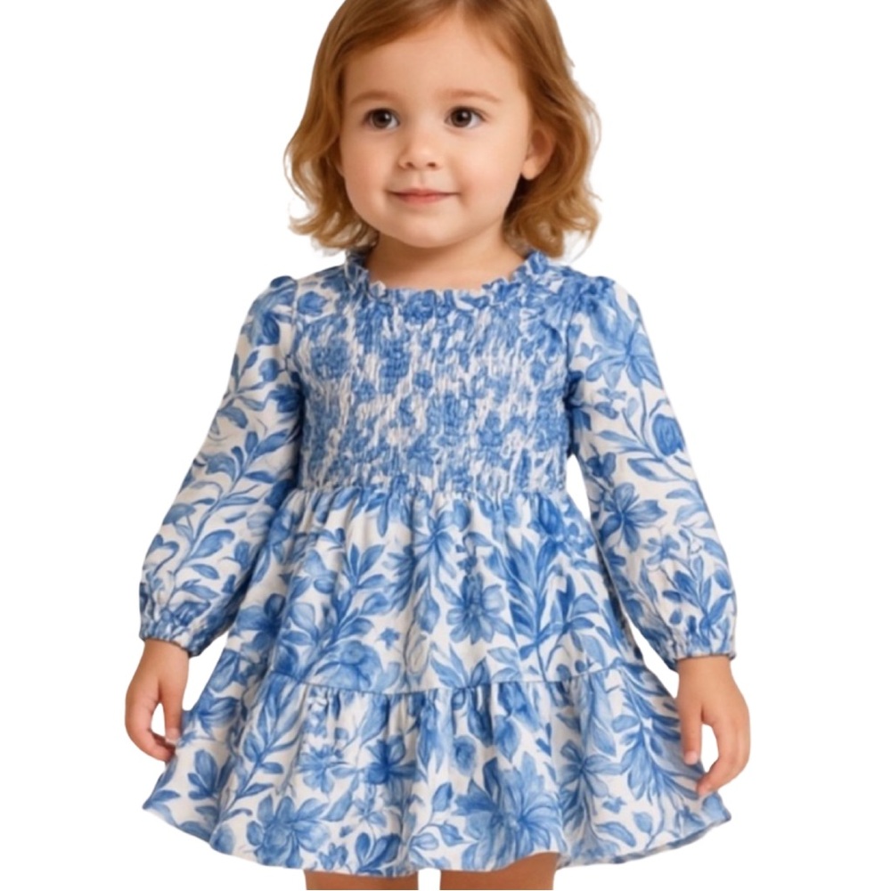 Ralph Lauren Floral Smocked Tiered Dress 4T Blue White Cotton NWOT